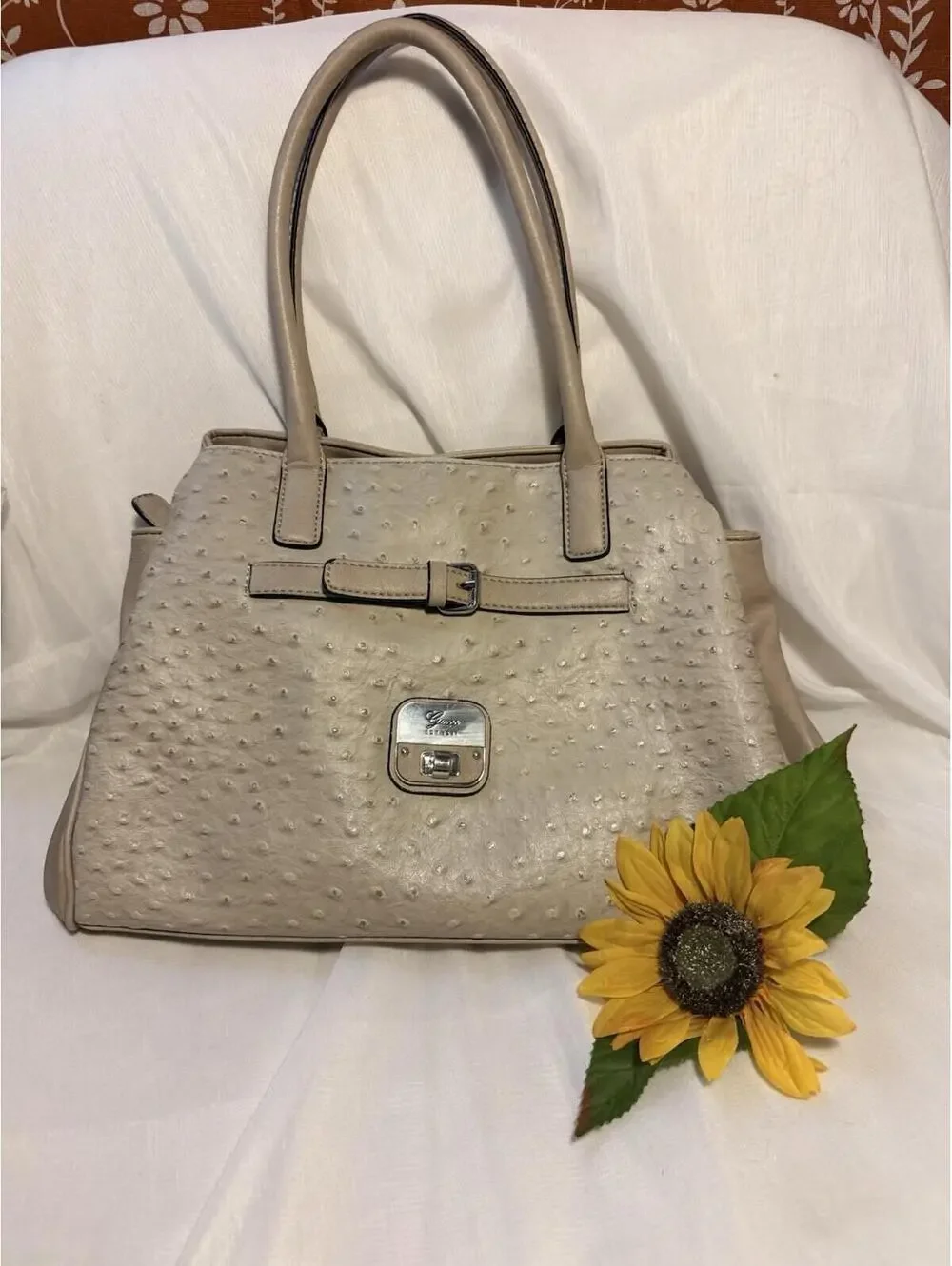 Y2K Guess Faux Ostrich Satchel Tan Shoulder Bag